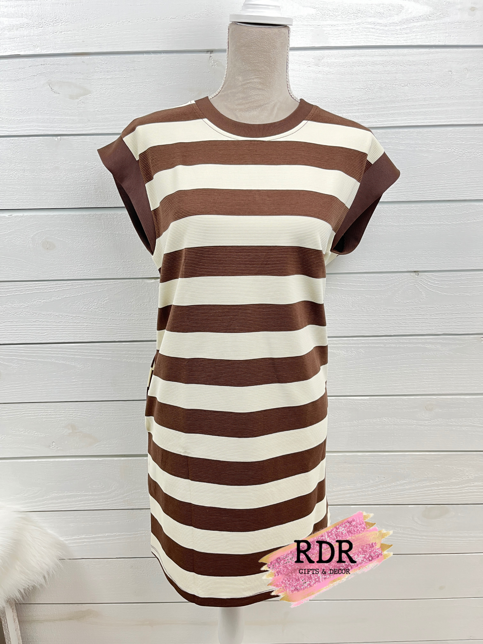 Brown & White Striped Sleeveless Dress Rachelle Danielle Rose Gifts & Decor Brown & White Striped Sleeveless Dress Rachelle Danielle Rose Gifts & Decor