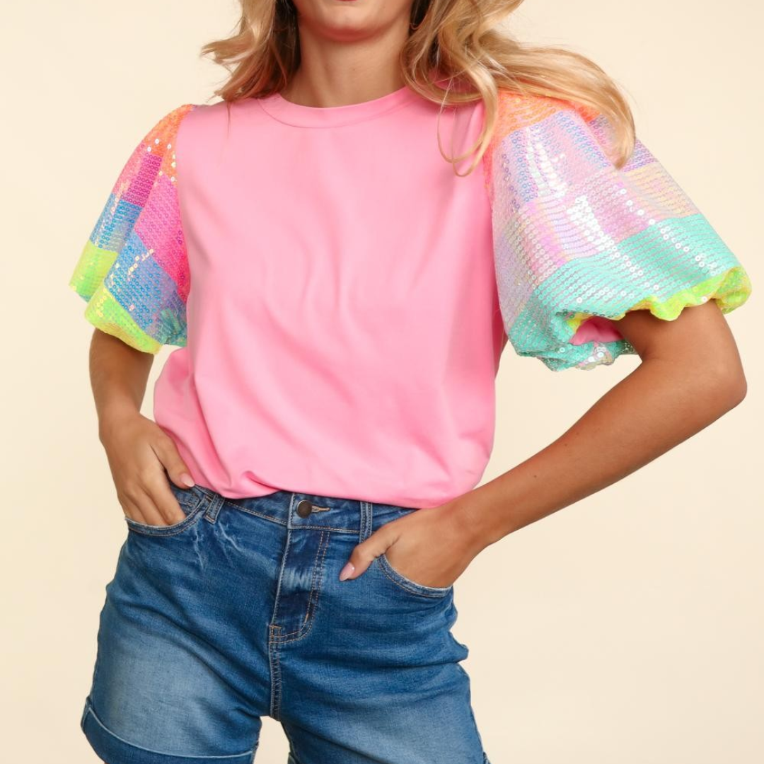 Round Neck Striped Sequin Bubble Sleeve Top