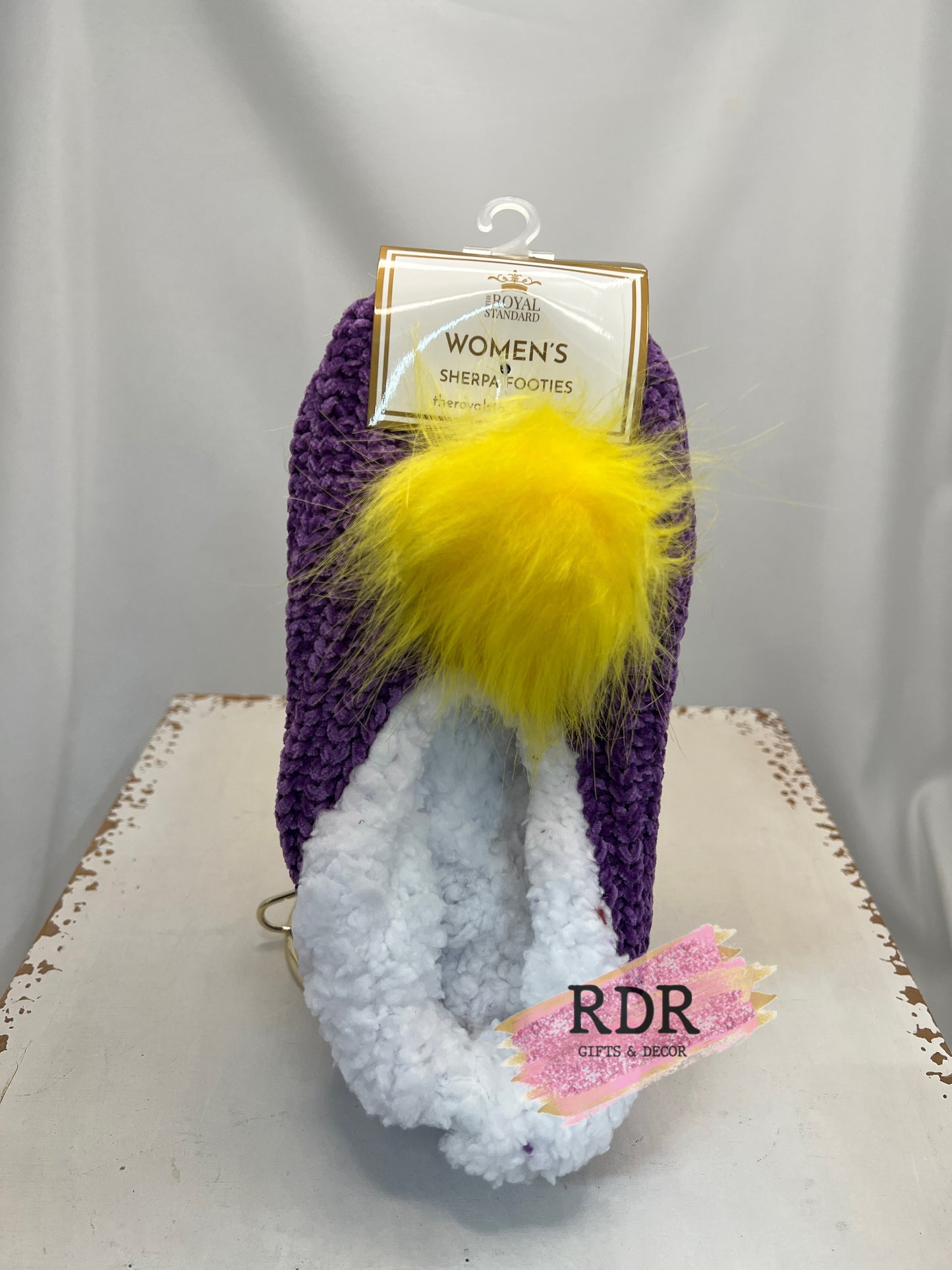 Women's Purple and Gold Pom Pom Sherpa Footies Slippers