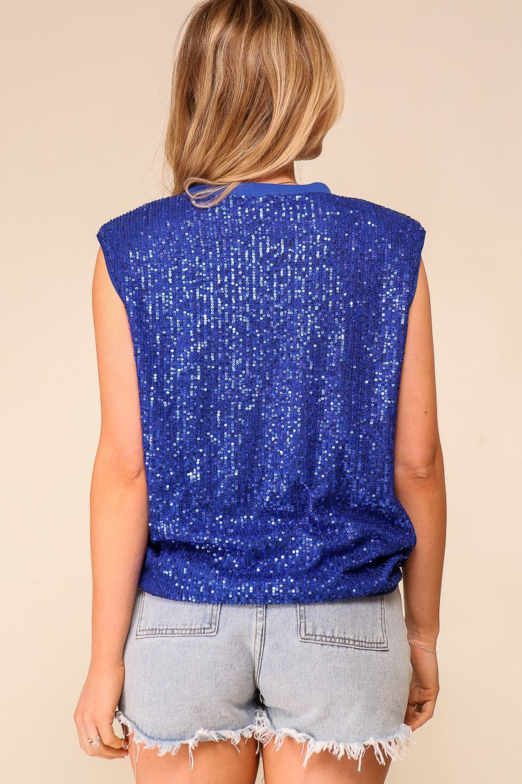 Padded Shoulder Sequin Top
