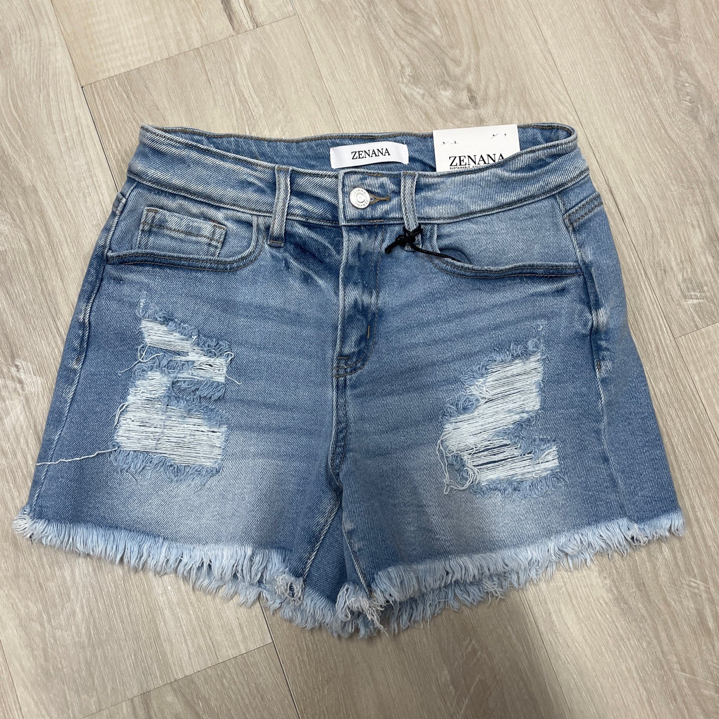 Zenana Distressed Fray Hem Light Denim Shorts