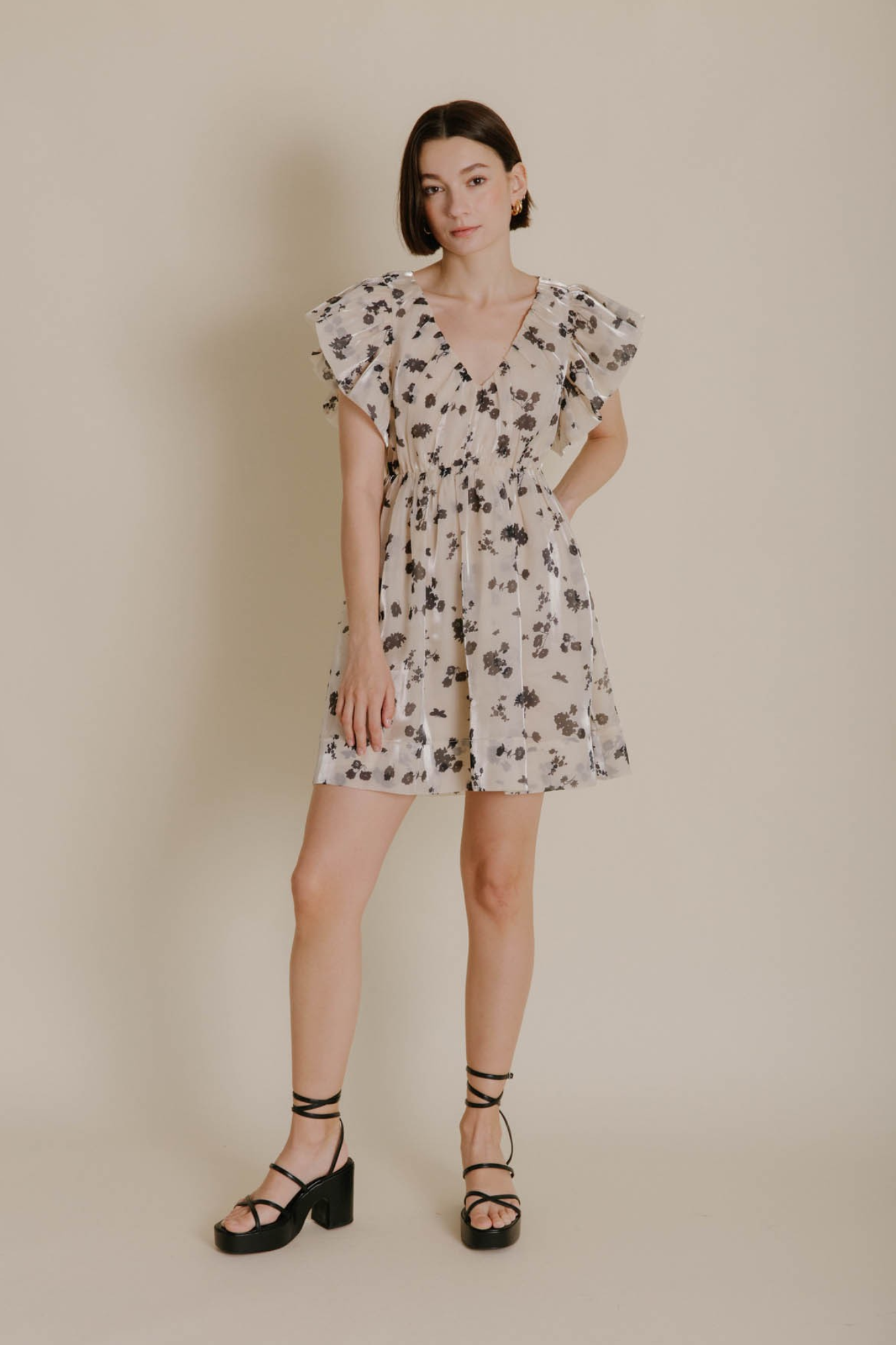 Ivory Organza Mini Dress With Black Floral Detail