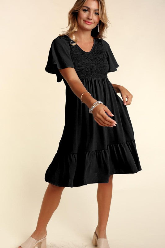 V Neck Smocking fit and Flare Flutter Short Sleeve woven dress