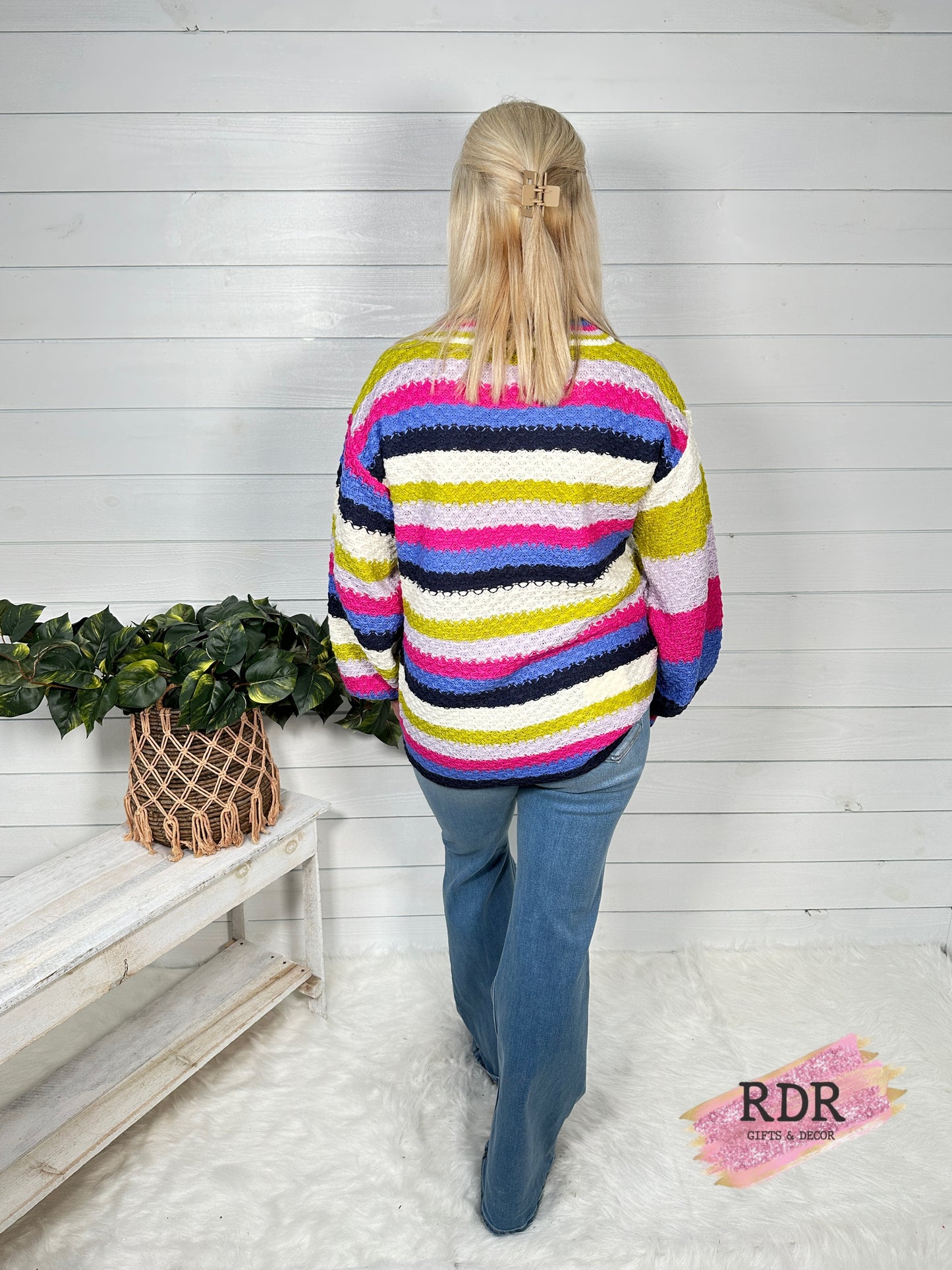 Navy Mix Striped Knit Pullover V-neck Sweater