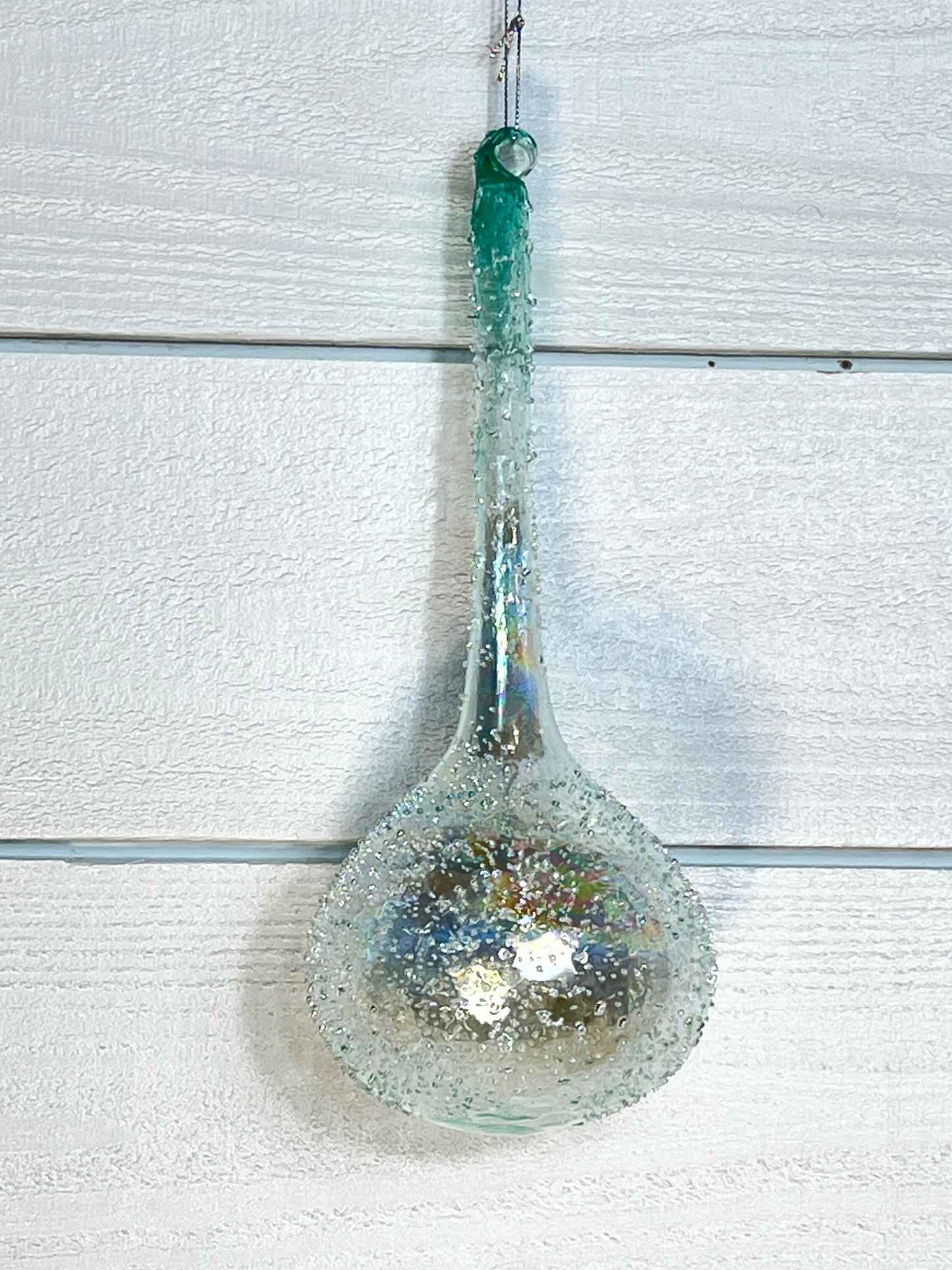 10" Blown Ombre Aqua Glass Beaded Finial