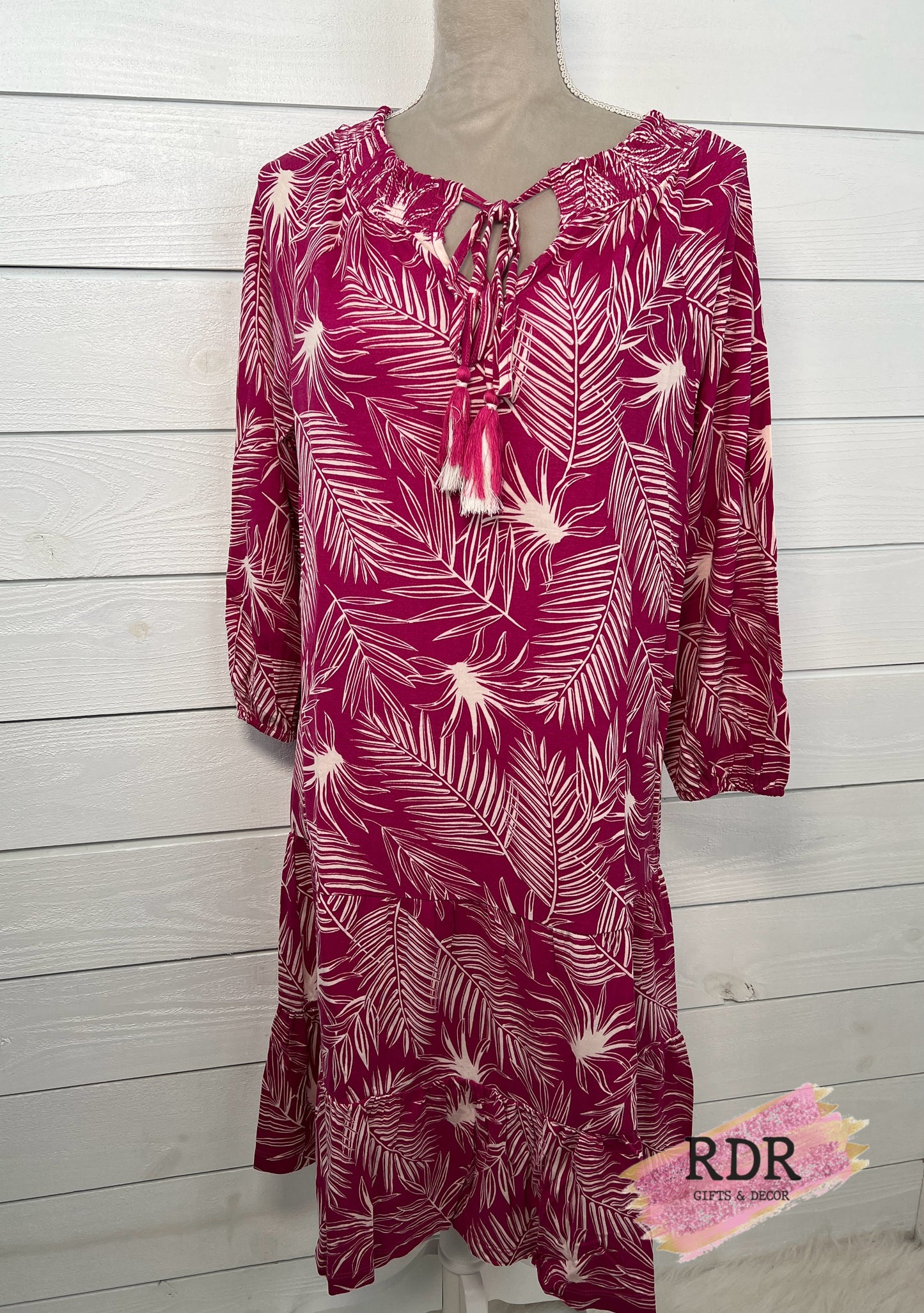 Smocked Swing Dress With Leaf Print And Tie Detail