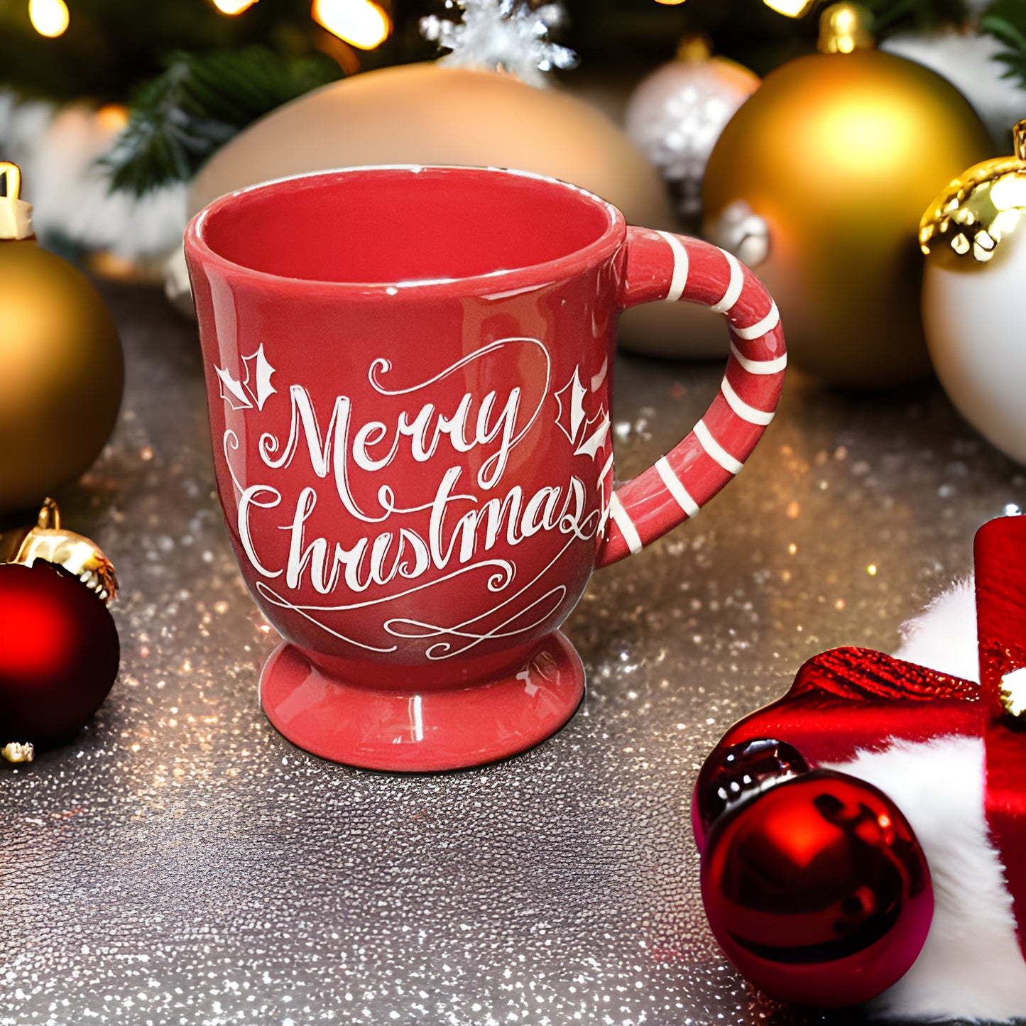 Red Merry Christmas Mug With Striped Handle