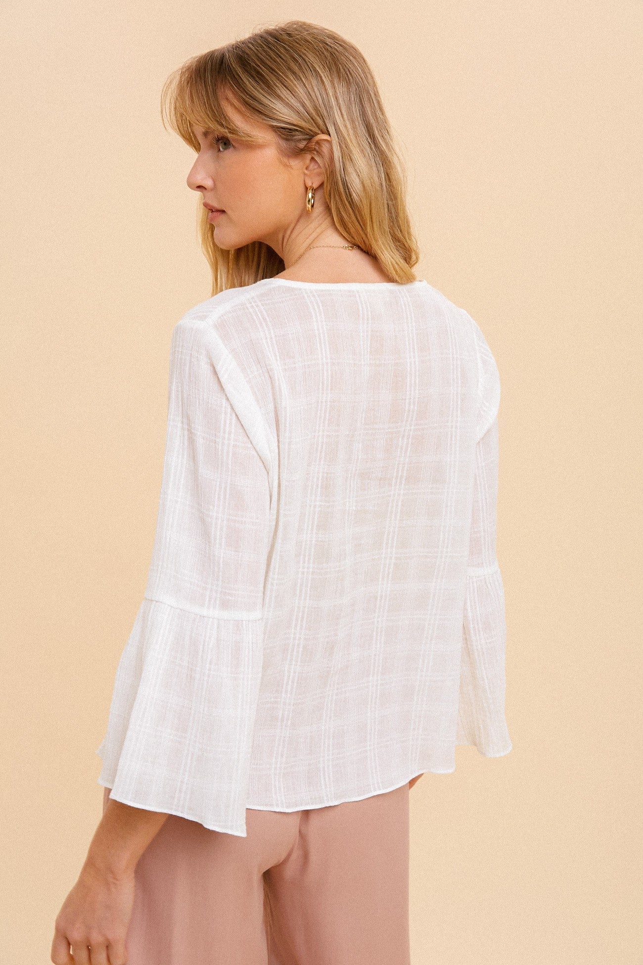 Ivory Front Tie Button Down Bell Sleeve Crop Blouse