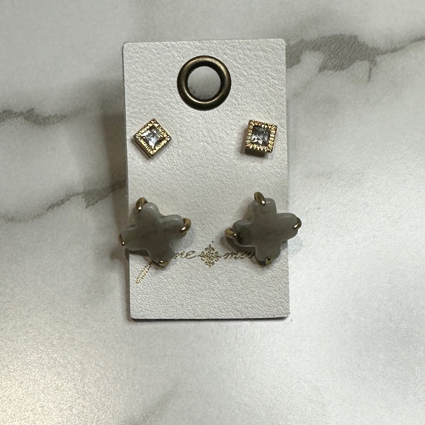 Jane Marie Clear Square/Grey Cross 2 Stud Set Earrings