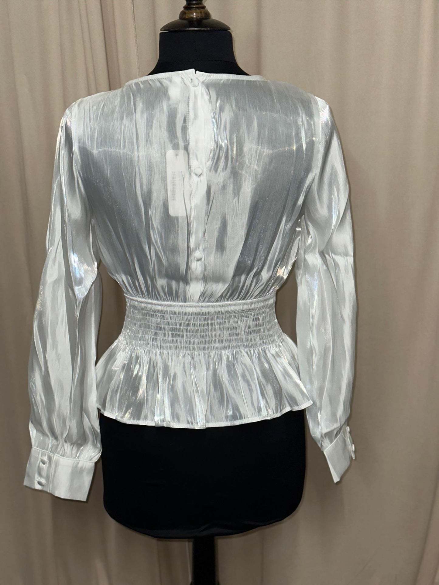 Shiny White Long Sleeve Button Back Smocked Waist Top