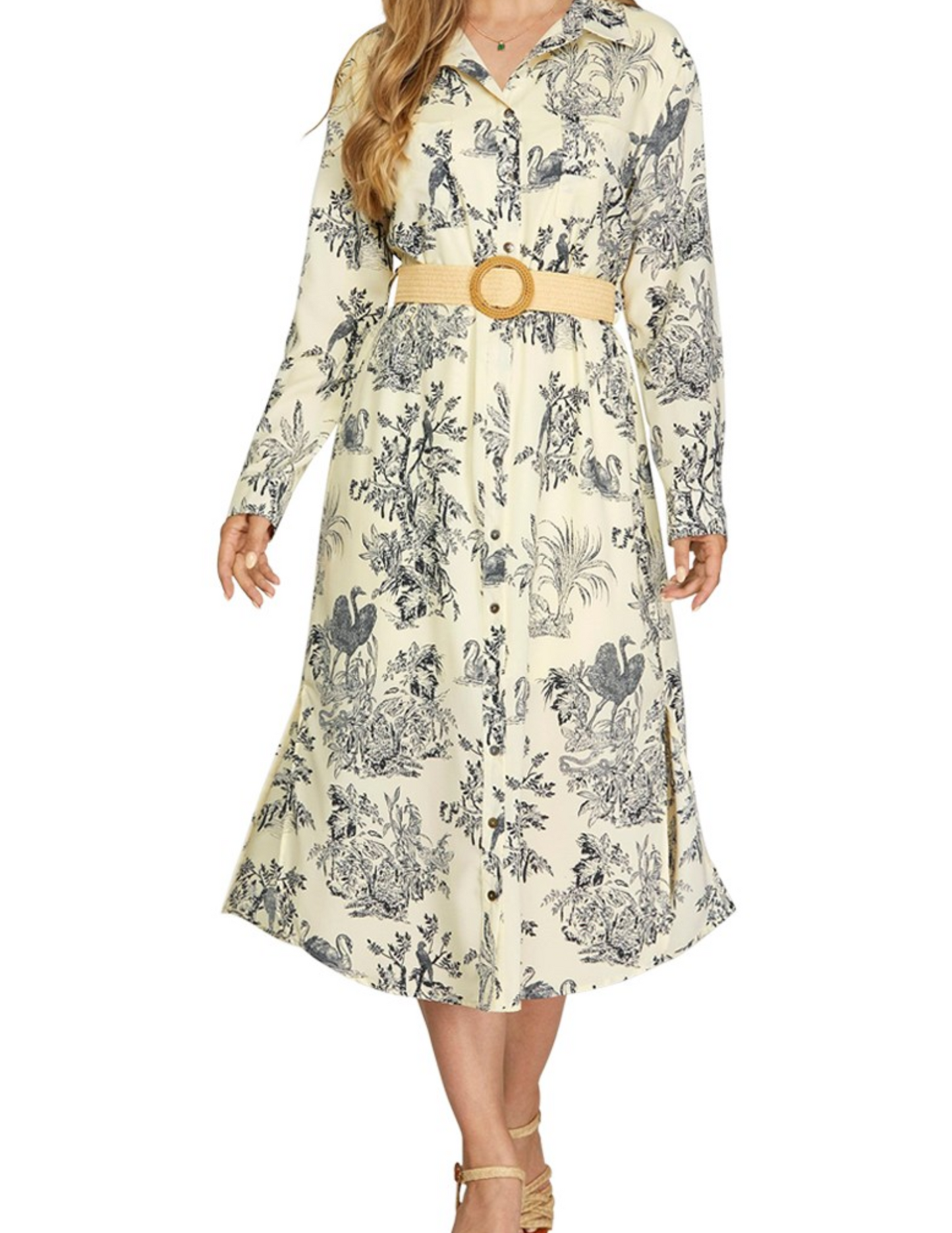 Black Long Sleeve Button Down Floral Print Dress With Belt