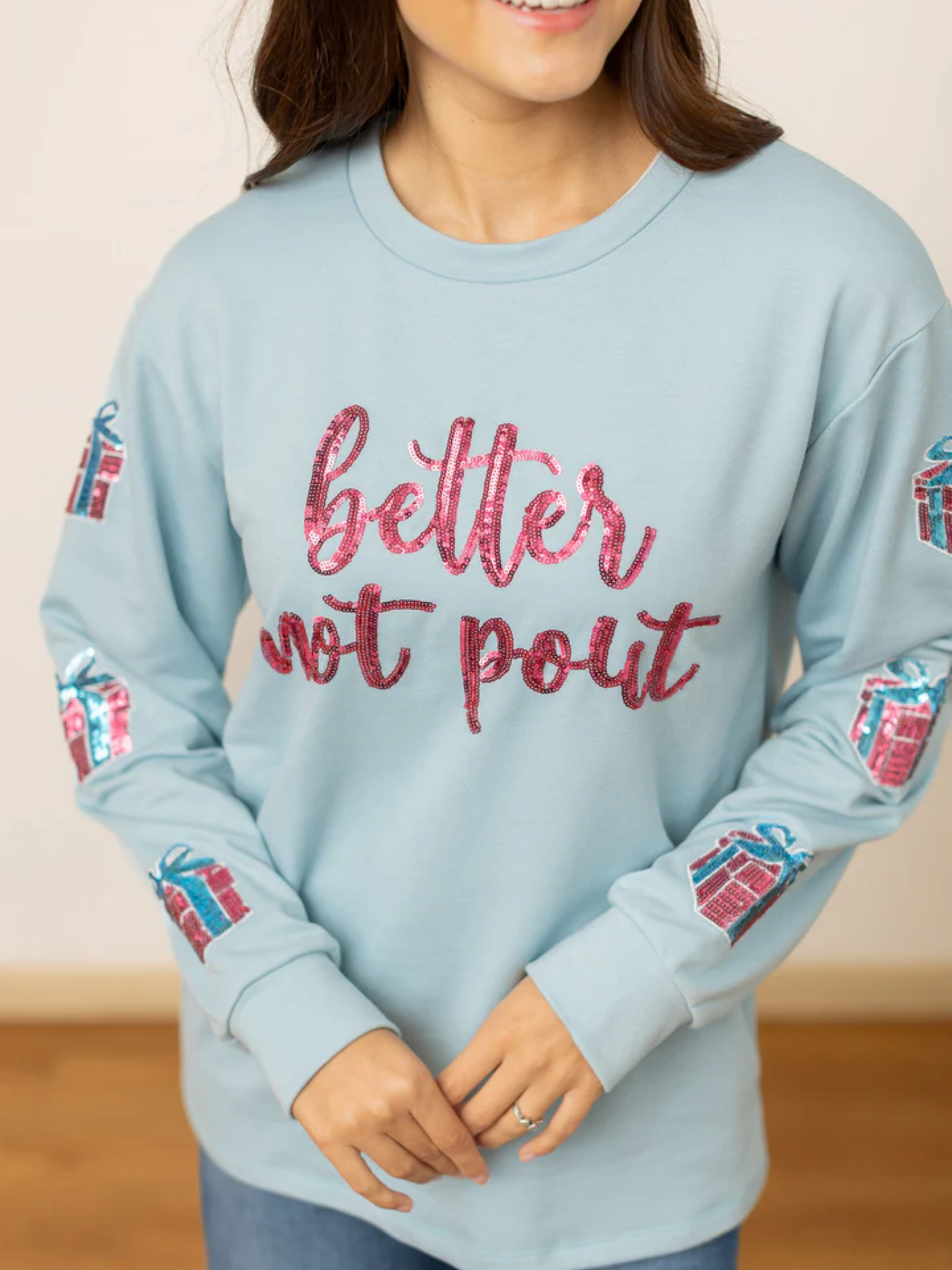 Southern Grace Better Not Pout Blue Sweatshirt