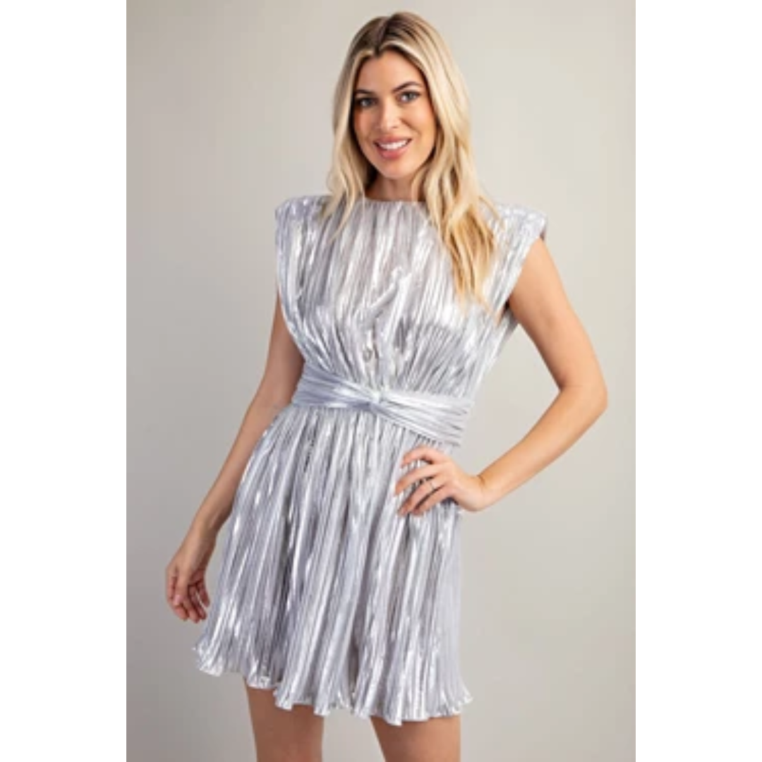 Metallic Silver Pleated Mini Dress With Shoulder Pads