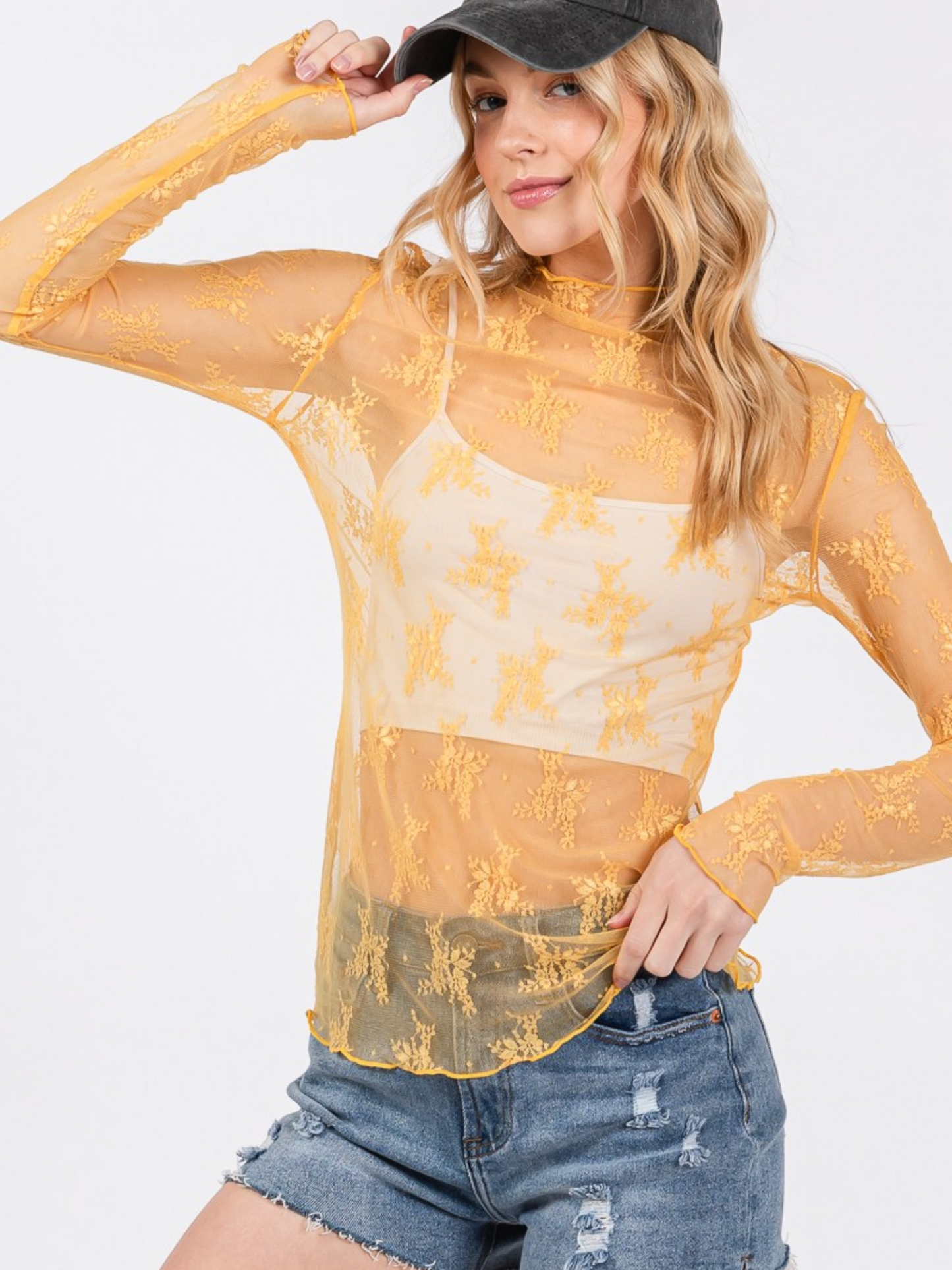 Mesh High Neck Floral Print Long Sleeve Fitted Top
