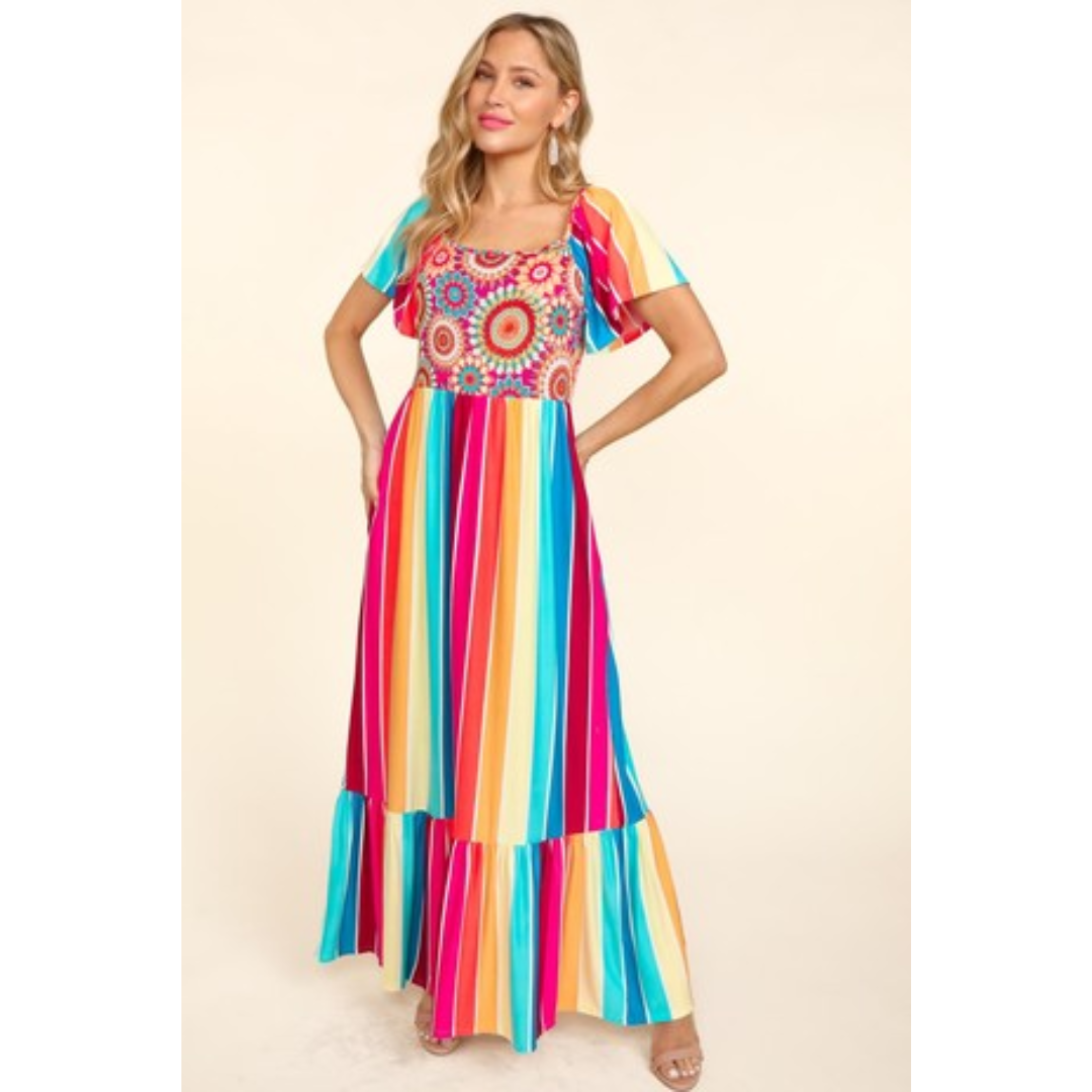 Fuchsia And Teal Striped Square Neck Flutter Sleeve Maxi Dress