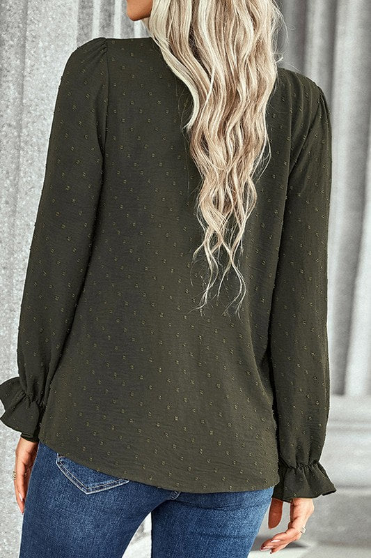 Olive Swiss Dot Button Down Ruffle V Neck Long Sleeve Top