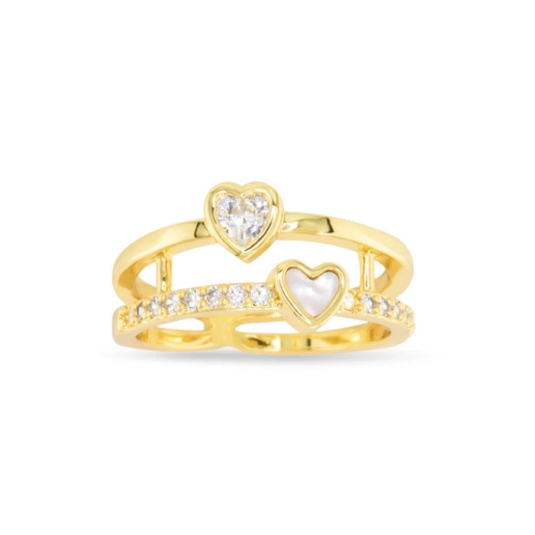 Gold Cubic Zirconia & Mother Of Pearl Heart Stack Ring
