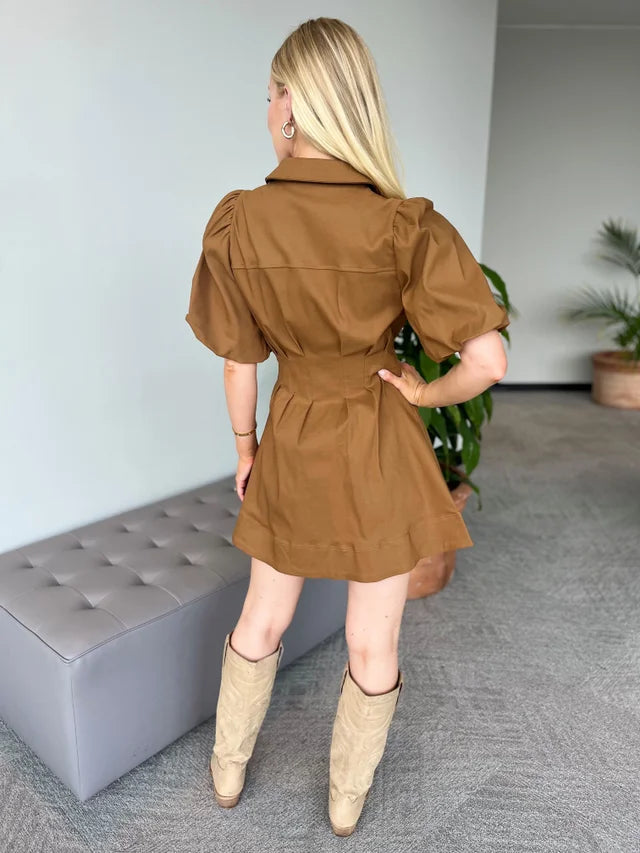 Camel Pleated Cinched Waist Dress