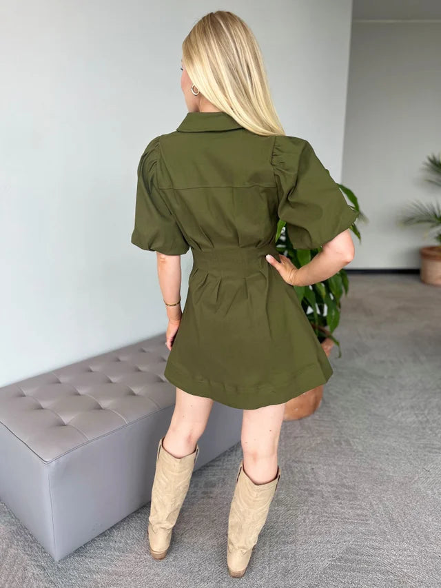 Olive Pleated Cinched Waist Dress