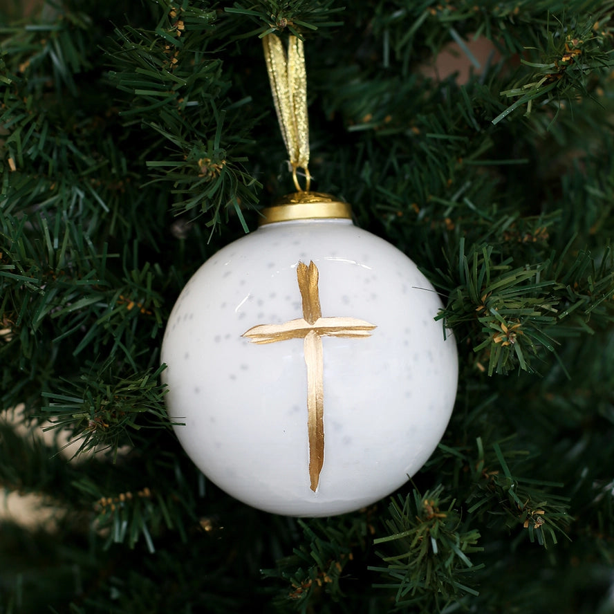 White Glass Ball Ornament With Gold Cross