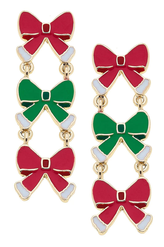 Linked Christmas Bow Earrings in Red/Green/White