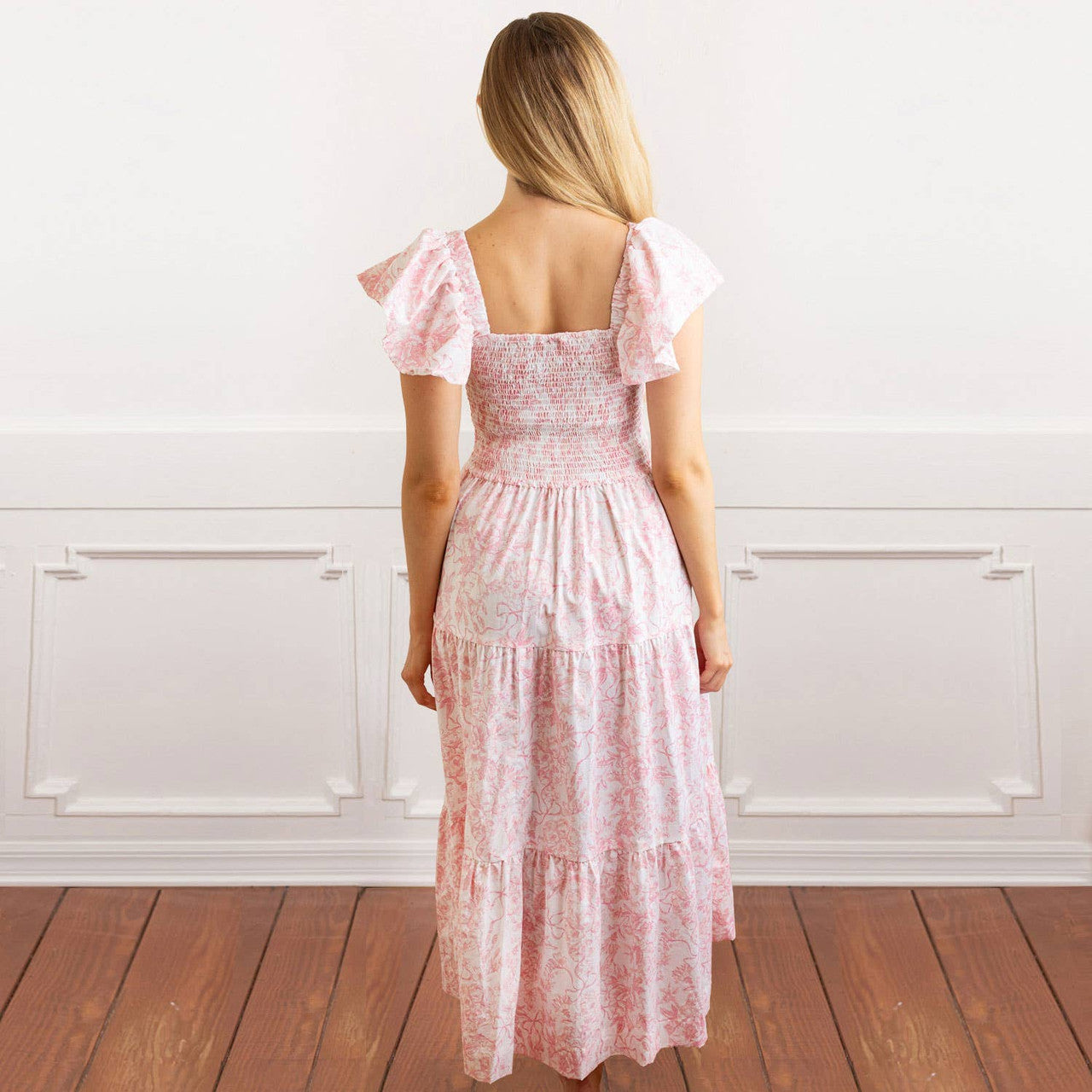 Pink Bow Toile Smocked Flutter Sleeve Dress