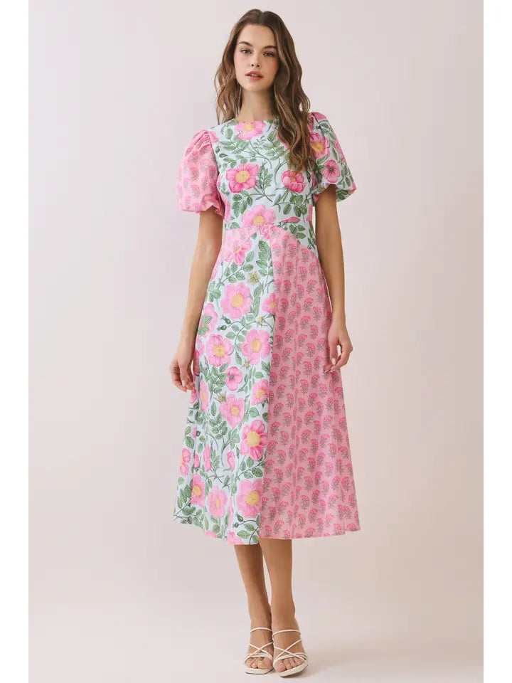 Pink Floral Pattern Midi Dress