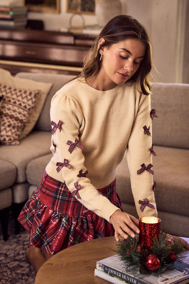 Holiday Christmas Plaid Bow Ribbon Sweater Top
