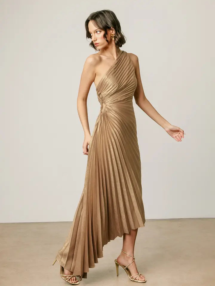Metallic Foil One Shoulder Asymmetrical Pleated Dress