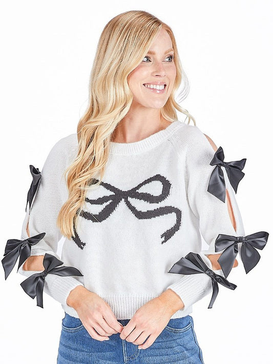 Simply Southern White Sweater With Black Bow
