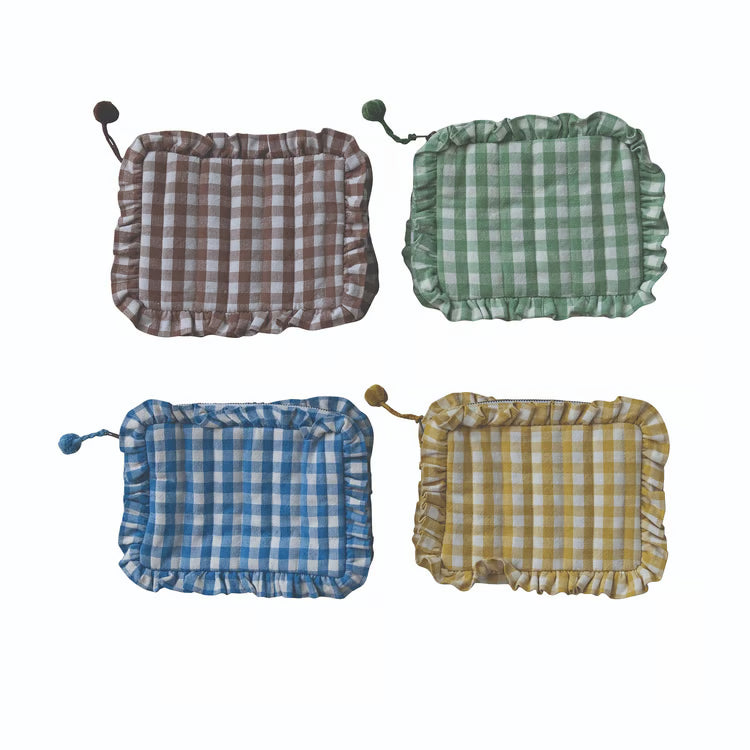 HAZEL MAZEL Woven Cotton Zip Pouch w Check Pattern