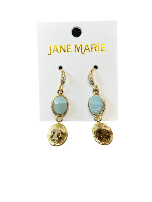 Gold Crystal Threader Earring With Blue Oval Stone & Gold Oval