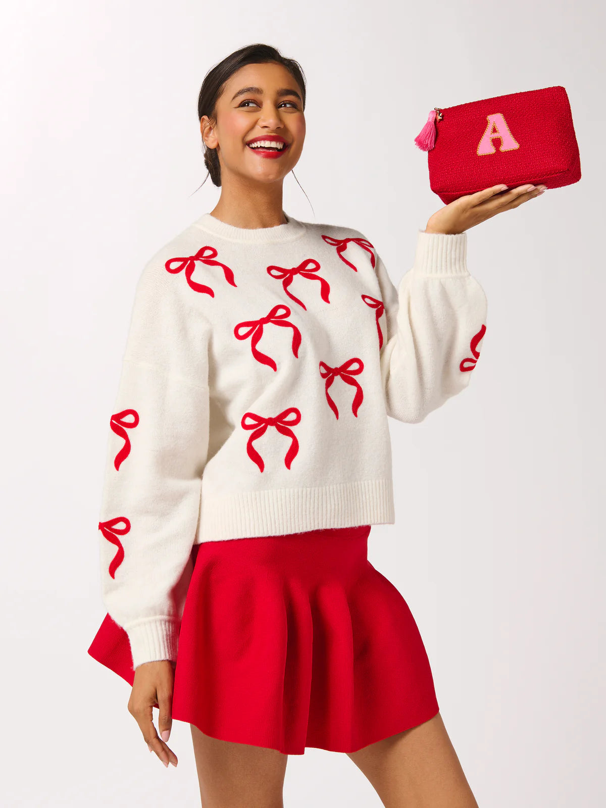 Ivory Bow Knit Sweater With Red Bows