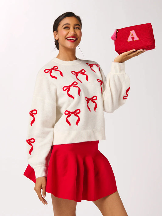 Ivory Bow Knit Sweater With Red Bows