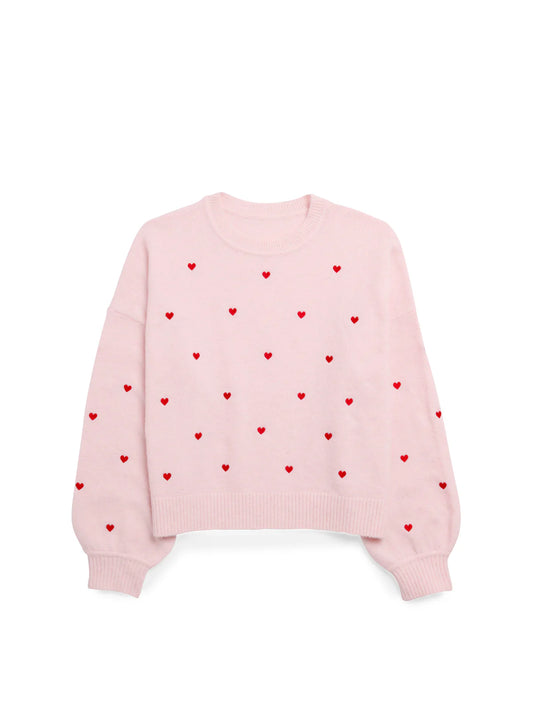 Light Pink Knit Sweater With Red Hearts