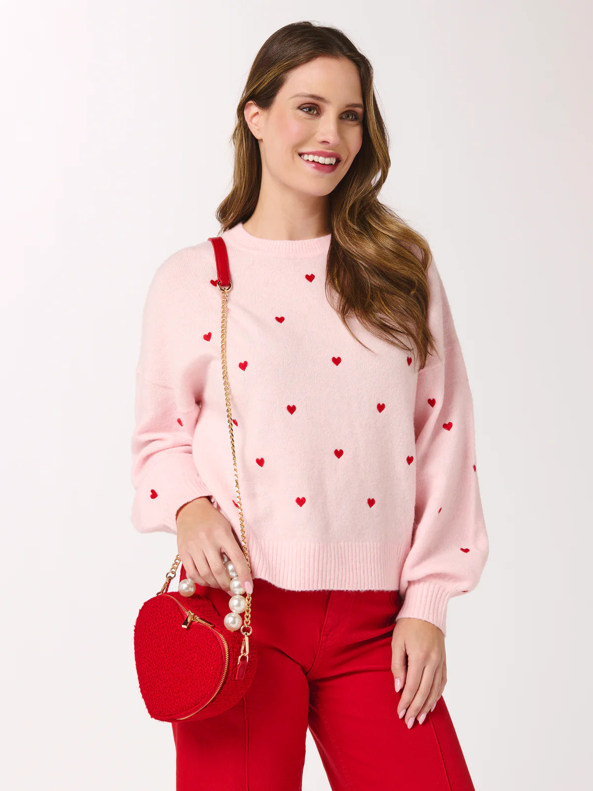 Light Pink Knit Sweater With Red Hearts
