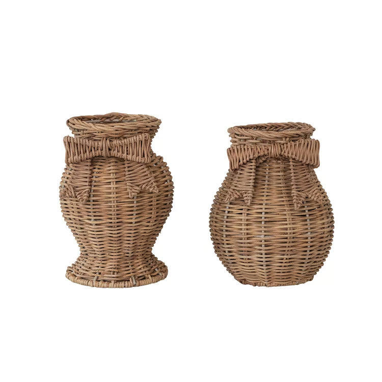 Hazel Mazel Hand-Woven Rattan Vase w Bow & Glass