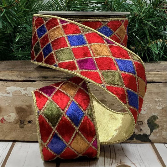 Red, Blue, & Green Harlequin Velvet Glitter Ribbon