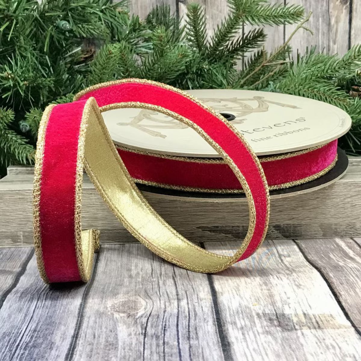 Hot Pink Velvet Ribbon With Gold Glitter Trim