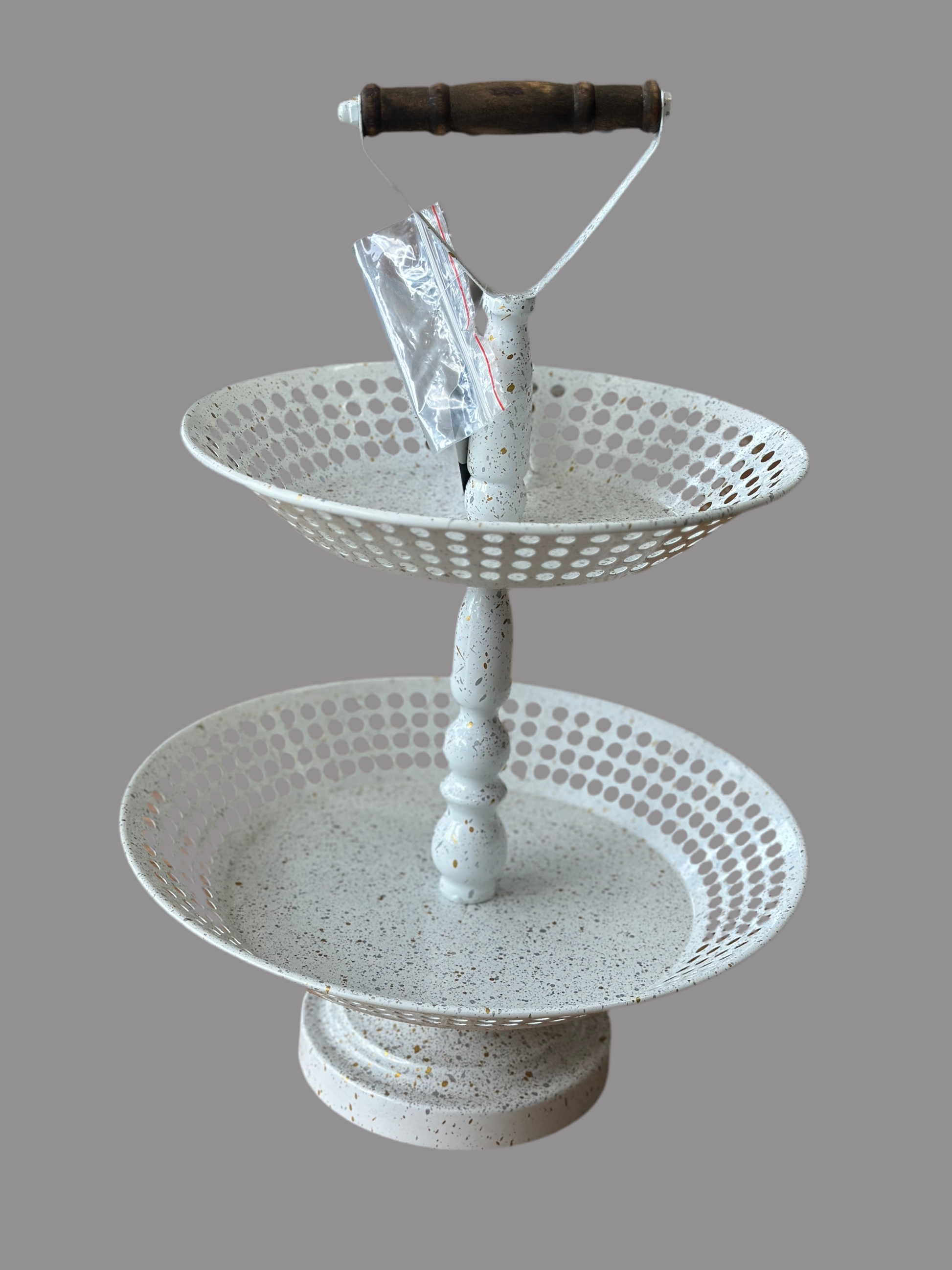 Round White Gold Silver Flecked Two Tier Stand
