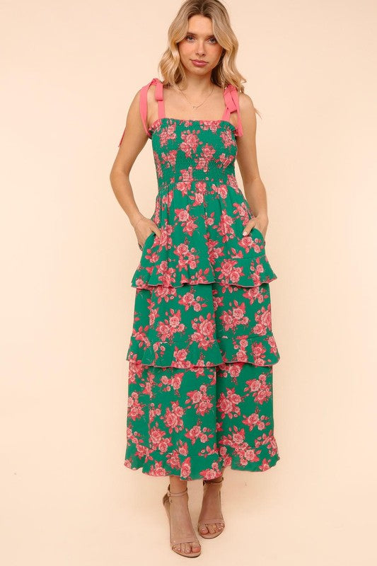 Green With Pink Floral Shoulder Strap Bow Tie Maxi Woven Dress