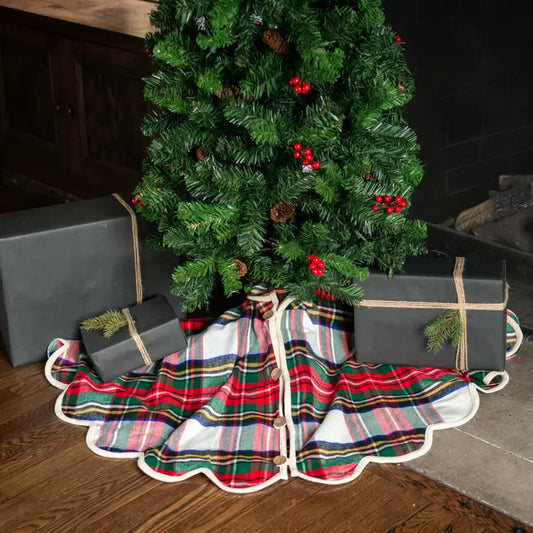 50" White Tartan Tree Skirt w/ Scalloped Edge