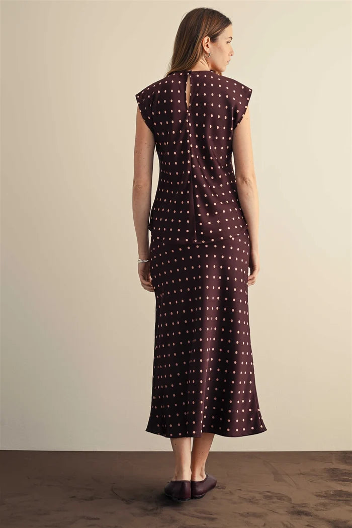 Wine Polka Dot Satin Dolman Blouse & Maxi Skirt