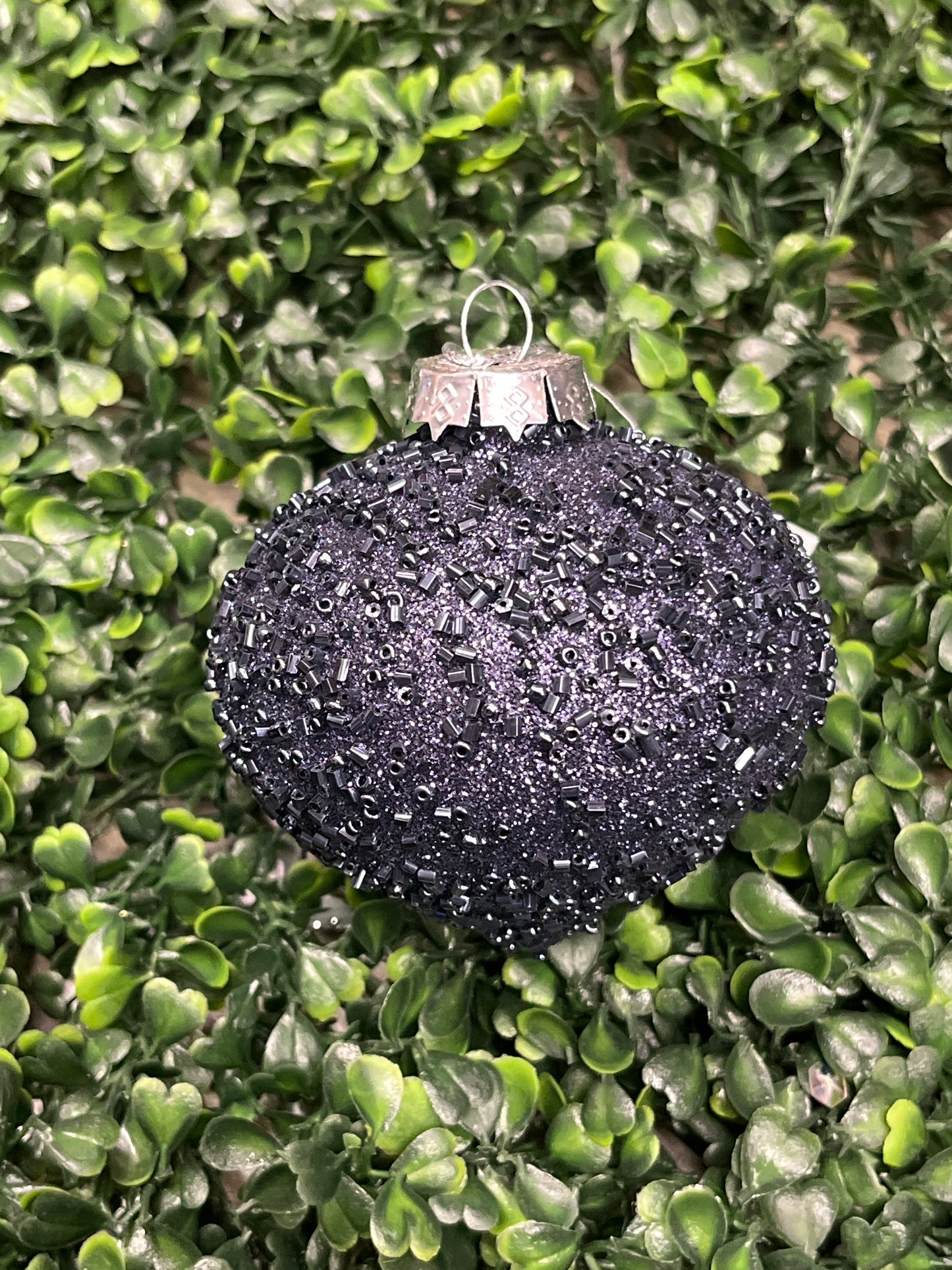 Navy Blue Glass Glitter And Beaded Ornament