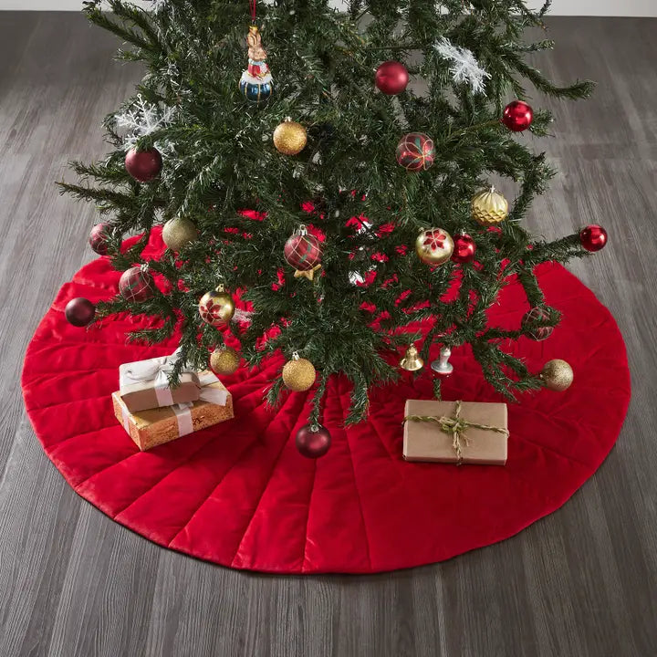 Quilted Red Velvet Tree Skirt with White Bow Ties