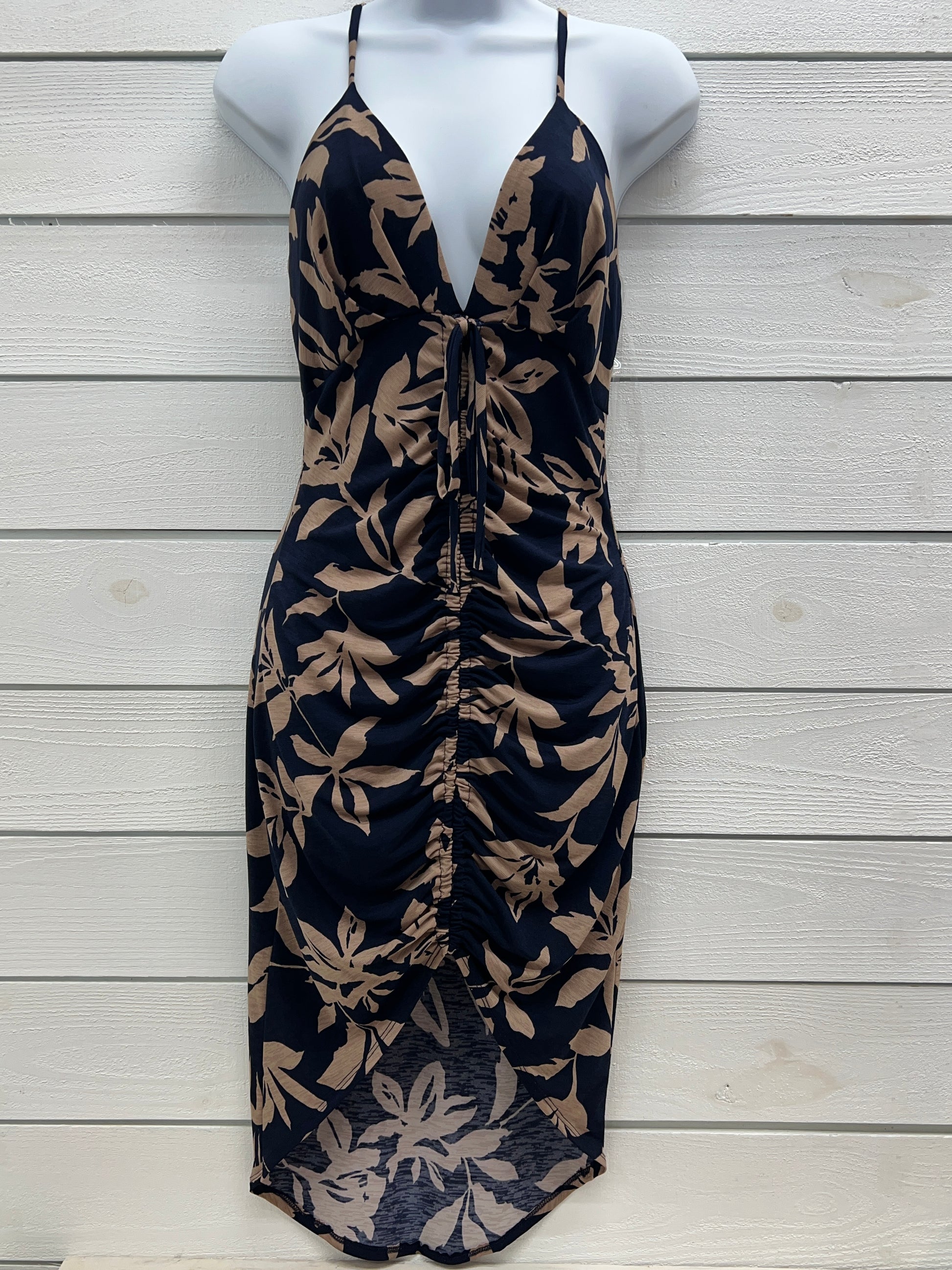 Navy Floral Print Ruched Deep V Neck Drawsting Knot Bodycon Dress
