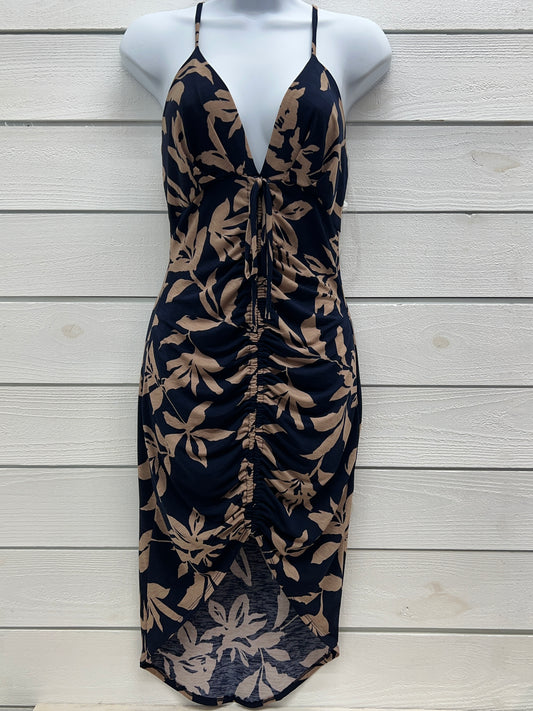 Navy Floral Print Ruched Deep V Neck Drawsting Knot Bodycon Dress