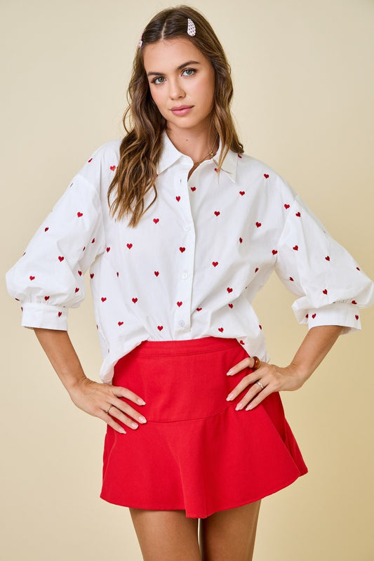 Valentines Heart Embroidered Button Down Shirt