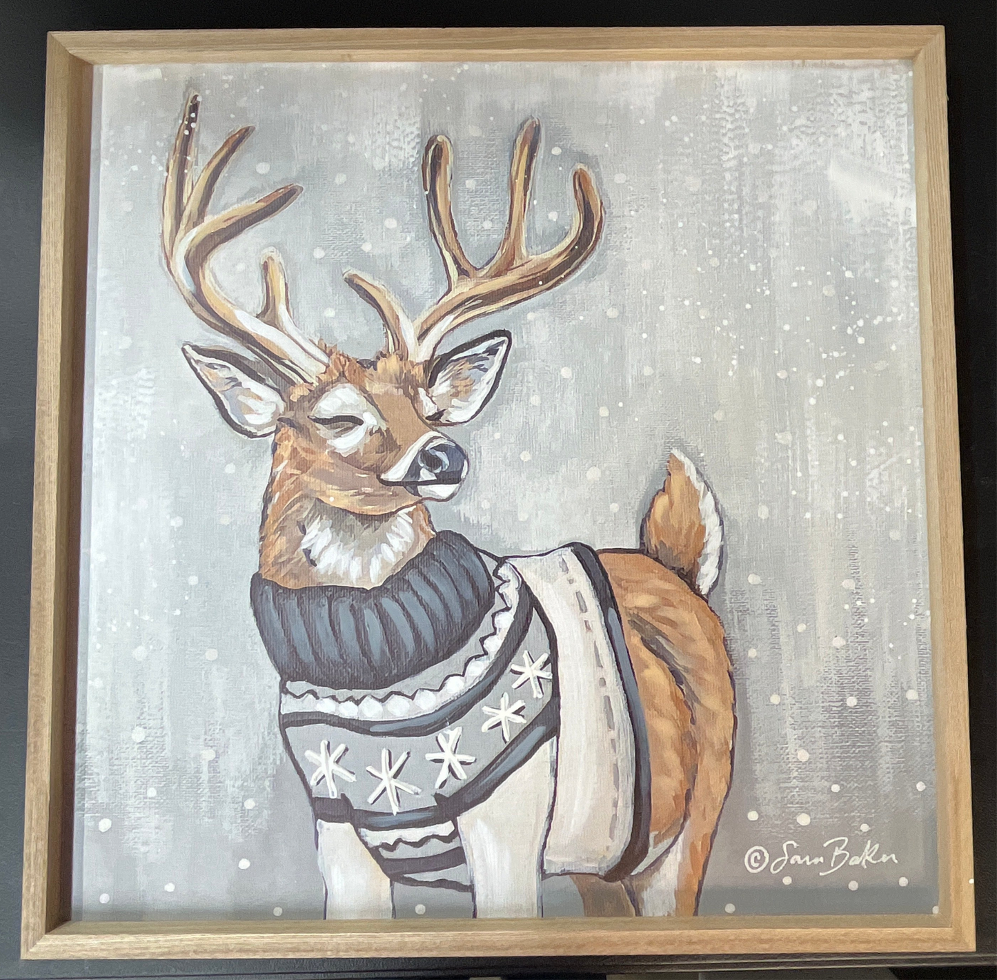 Wood Framed Winter Deer With Blue Sweater