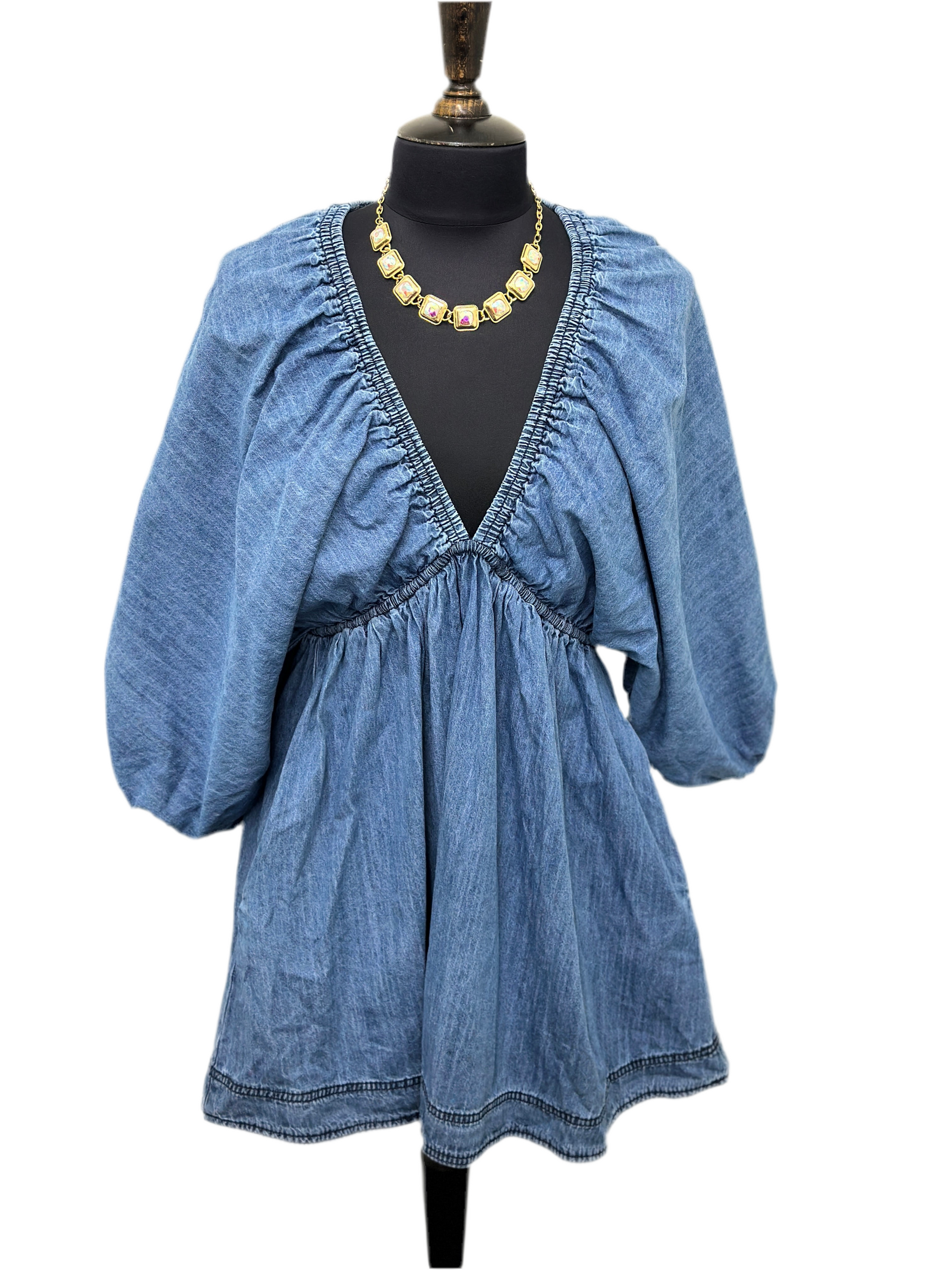 Light Denim Deep V-Neck Dress